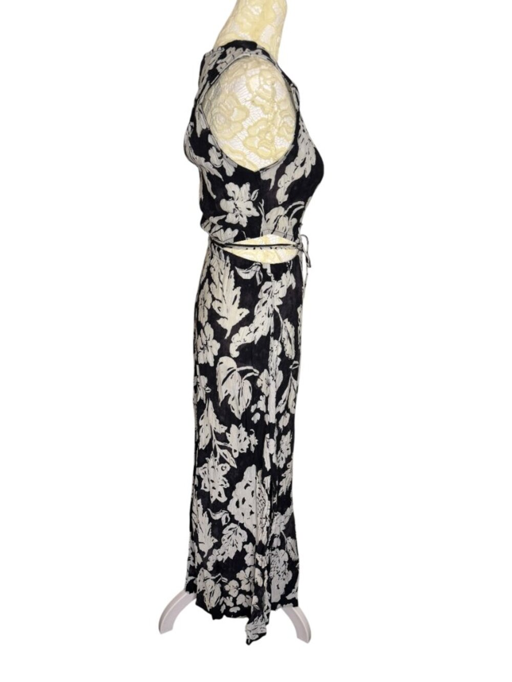 MNG Mango Willow Side Cut Out Maxi Dress Crinkle Floral Black Gray 4 - Picture 7 of 12